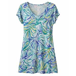 Lilly Pulitzer Blue Green Print Linen Dress Short Sleeve V-Neck - XS